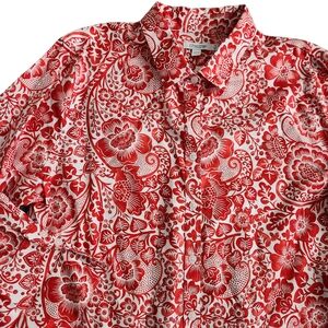 Chico's Paisley Button Front Top Shirt Women's 16 Red Flip Cuff Career Office